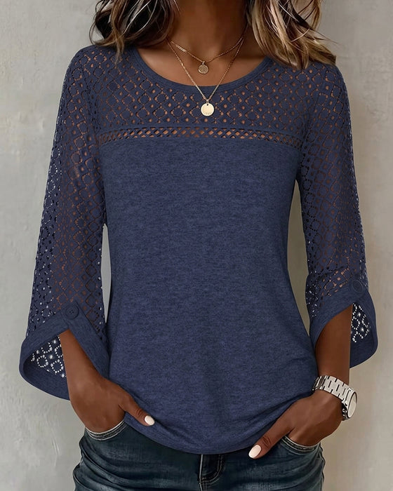 T-Shirt Hollow Out Lange Mouw Patchwork