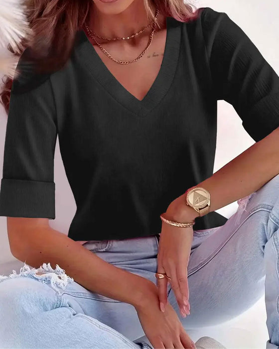 Top V-Hals Driekwart Mouw Slim Pasvorm