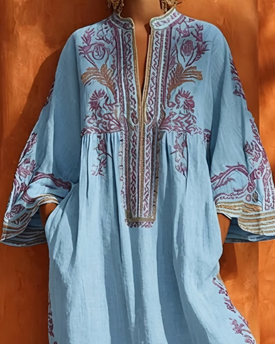 Jurk V-Hals Etnische Print Loose Fit