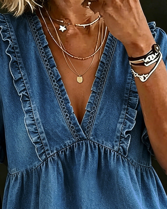 Blouse V-Hals Korte Mouw Ruffle Ballon