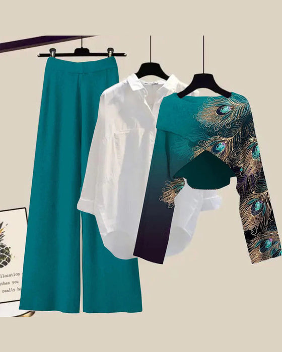 Casual driedelige set met verenprint