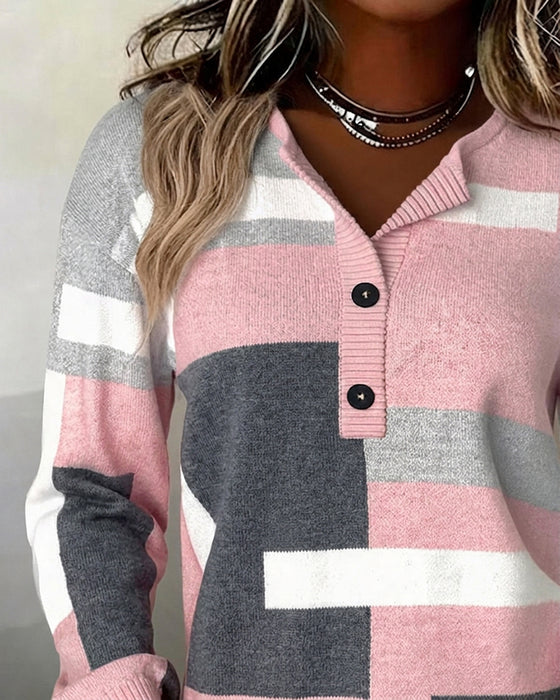 Pullover Geruit Knoopsluiting Voor Lange Mouw
