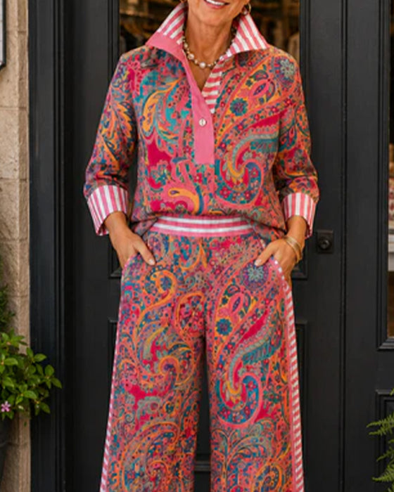 Set Knoopsgat Streep Afdruk Shirt + Breed Been Broek