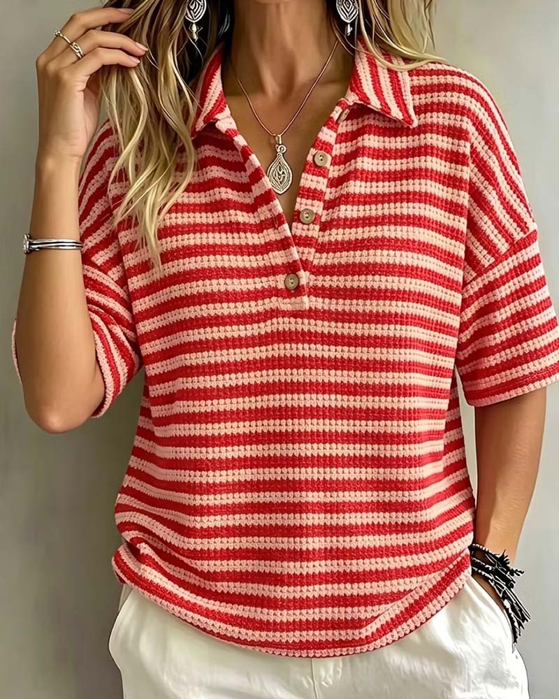 Blouse Polo Kraag Gestreept Knoop Voor