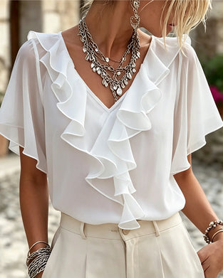Blouse V-Hals Gerafeld Effen Kleur