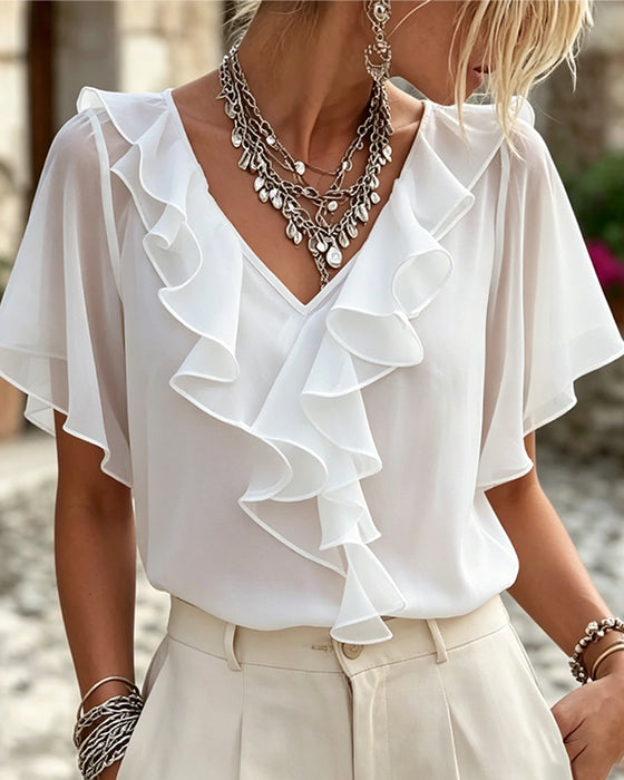 Blouse V-Hals Gerafeld Effen Kleur