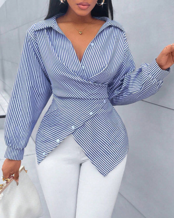 Blouse Streep Stropdas Lange Mouw