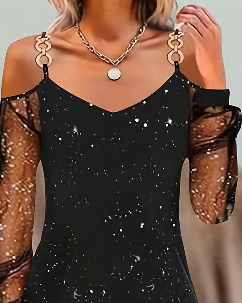 Jurk Met Bandjes Mesh Inzet Lange Mouw