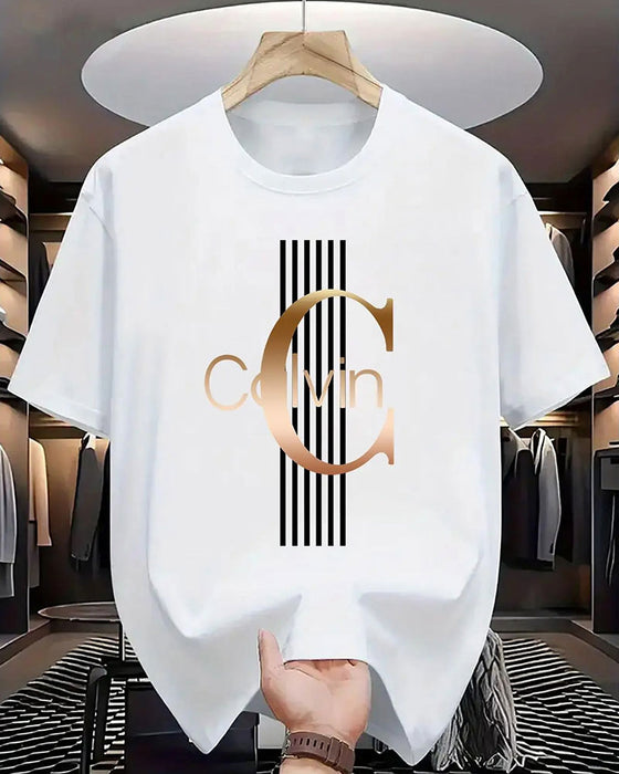 T-Shirt Letter Verticale Streep Print Korte Mouw