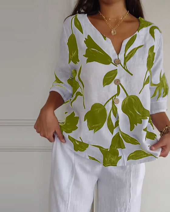 Top met bloemenprint van katoen en linnen