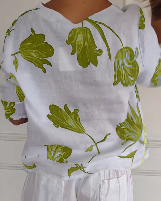 Top met bloemenprint van katoen en linnen