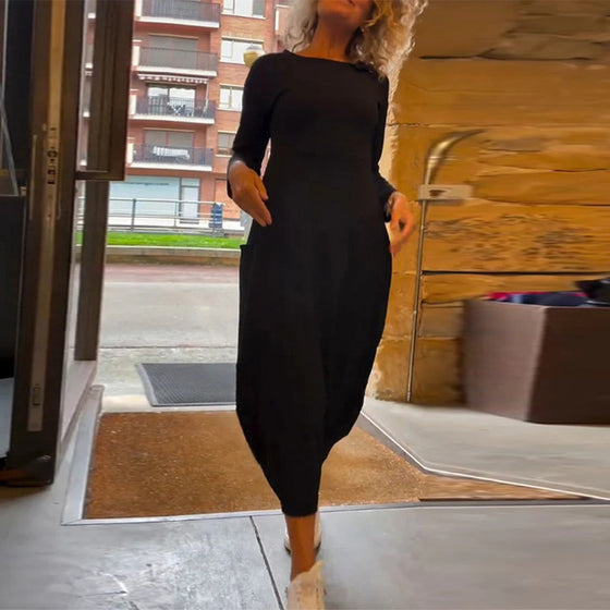 Effen kleur jurk met ronde hals lange mouw en zak