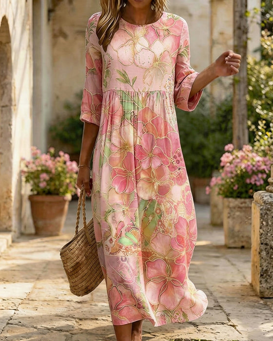 Jurk Aquarel Bloemen Driekwart Mouw Volle Rok Maxi