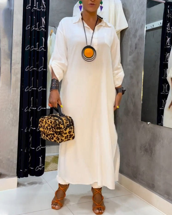 Effenkleurige jurk met revers en zak