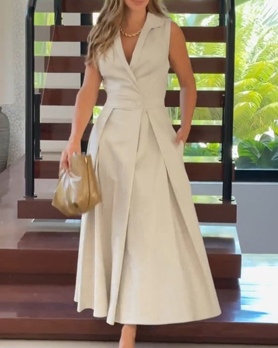 Mouwloze revers elegante effen kleur jurk