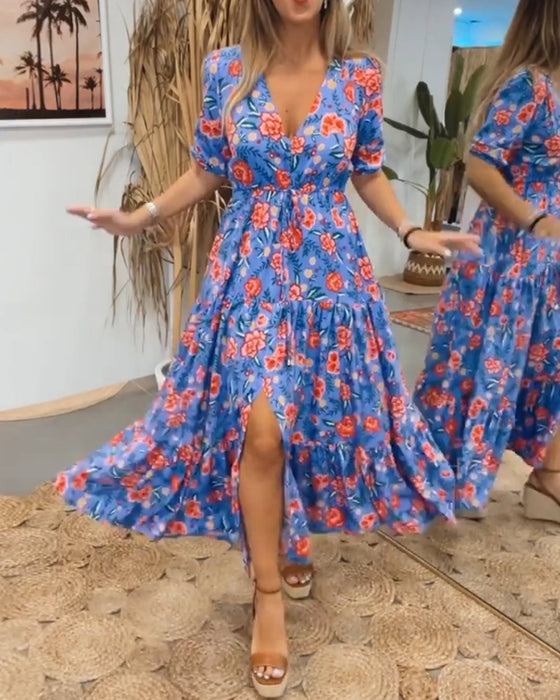 Jurk met rozenprint en splitten