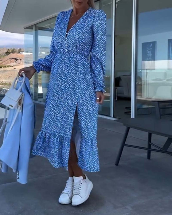 Jurk met bloemenpatchwork en V-hals