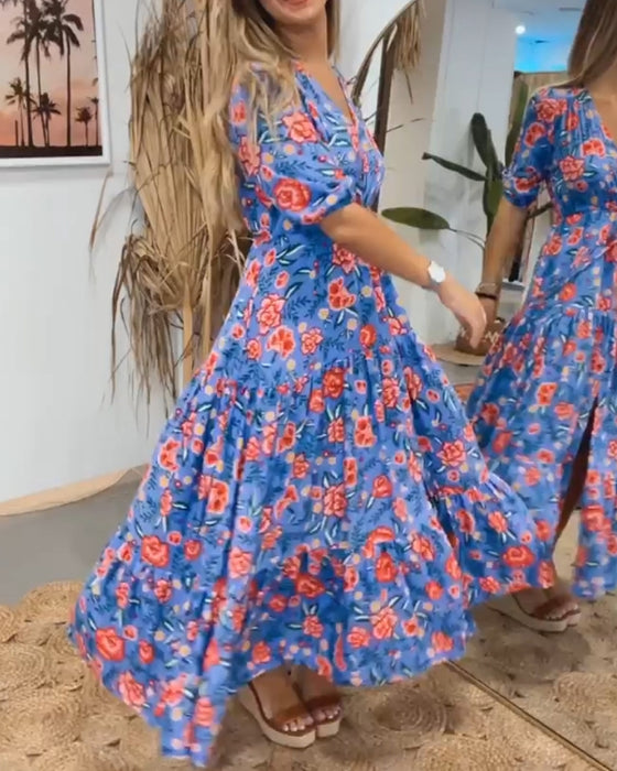 Jurk met rozenprint en splitten