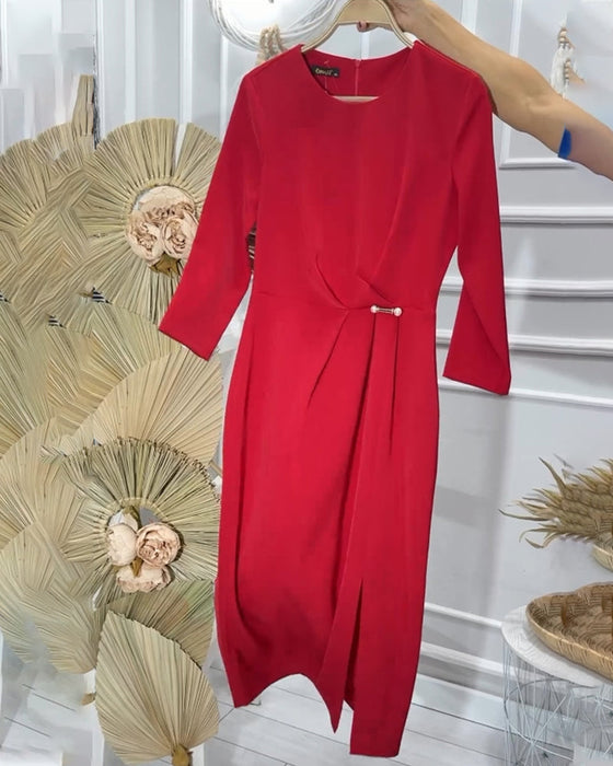 Romantische effen lange jurk met ronde hals