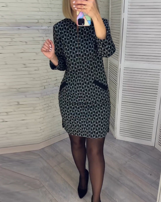 Jurk met diamantprint en lange mouwen