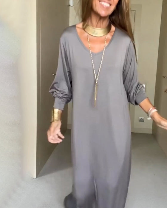 Casual effen jurk met v-hals