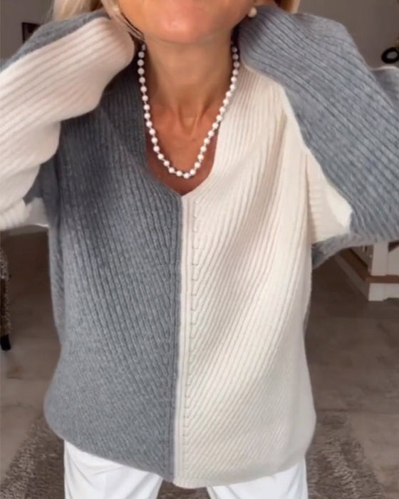 V-hals trui met kleurblok