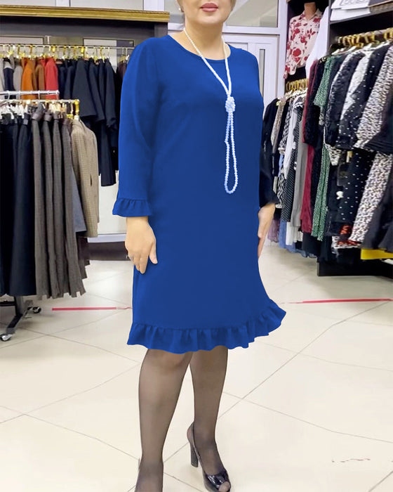 Lapwerk jurk met ruches in effen kleur