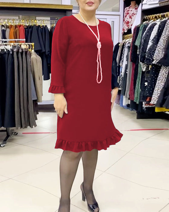 Lapwerk jurk met ruches in effen kleur