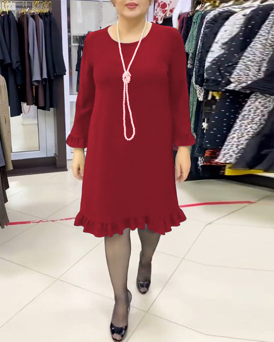 Lapwerk jurk met ruches in effen kleur