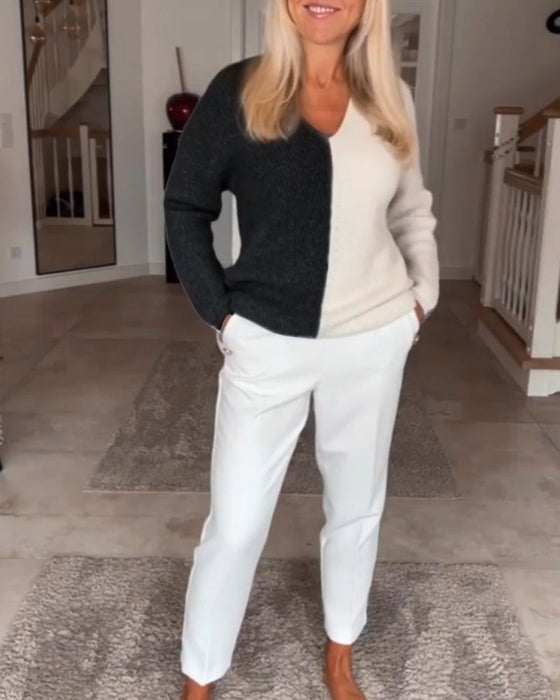 V-hals trui met kleurblok