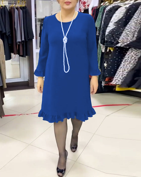 Lapwerk jurk met ruches in effen kleur