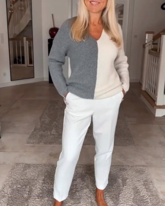 V-hals trui met kleurblok