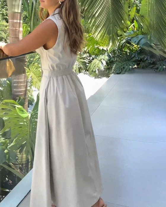 Mouwloze revers elegante effen kleur jurk