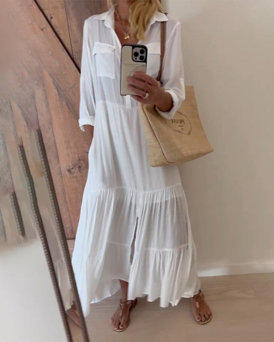 Casual jurk met effen patchwork en revers