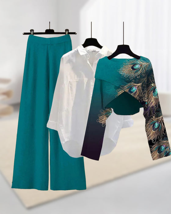 Casual driedelige set met verenprint