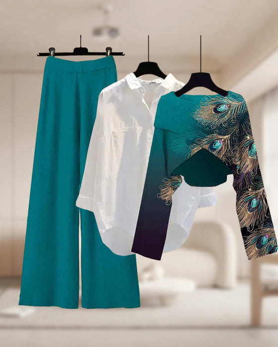 Casual driedelige set met verenprint