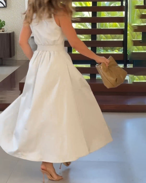 Mouwloze revers elegante effen kleur jurk