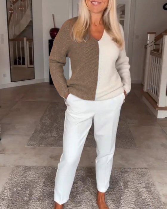 V-hals trui met kleurblok