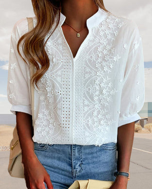 Effen blouse met V-hals en korte mouwen