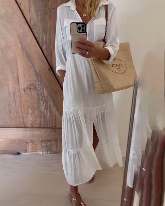 Casual jurk met effen patchwork en revers