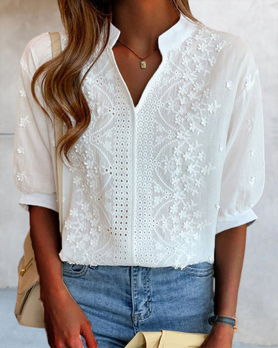 Effen blouse met V-hals en korte mouwen