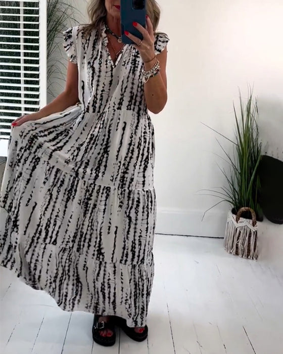 Fly Mouw Gedrukt V-Hals Jurk