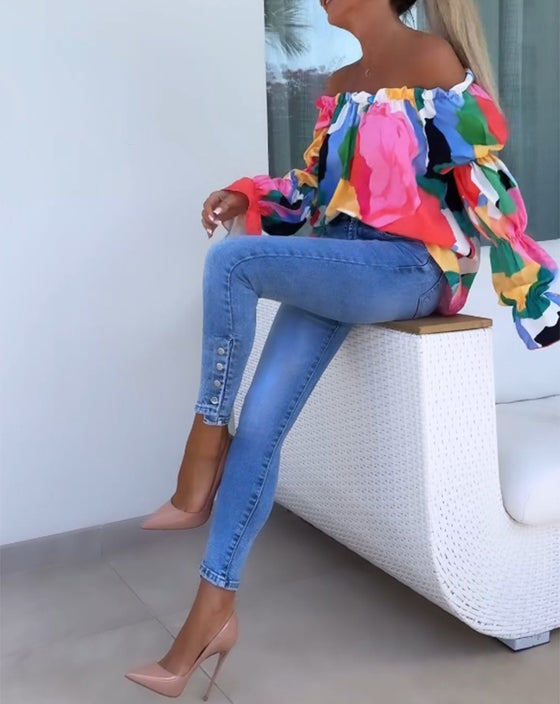 Kleurrijk bedrukte casual top met één schouder