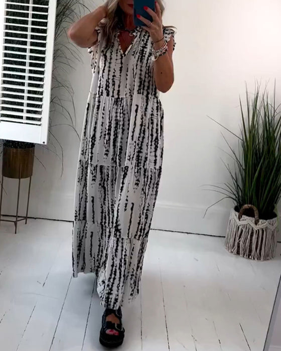 Fly Mouw Gedrukt V-Hals Jurk