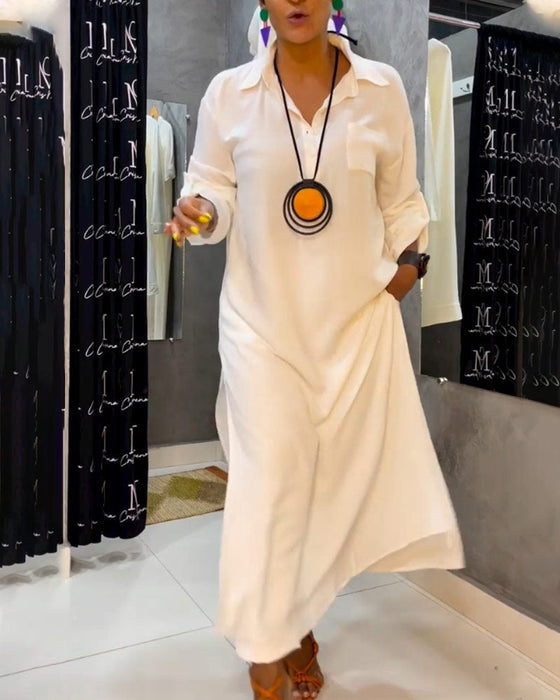 Effenkleurige jurk met revers en zak