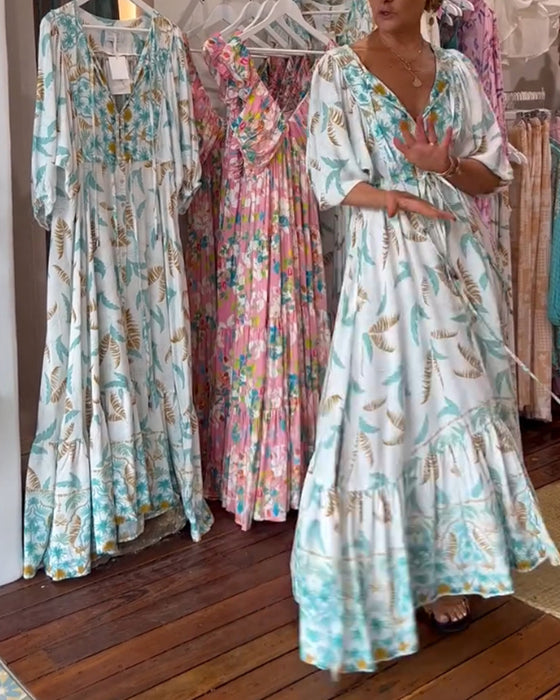 Maxi-jurk met bladprint voor dames met V-hals