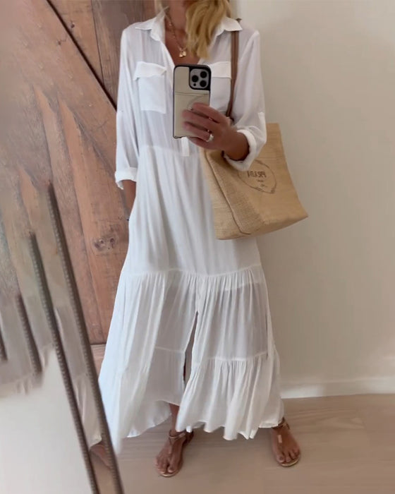 Casual jurk met effen patchwork en revers