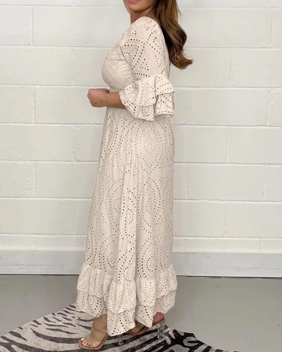 Losse effen jurk met v-hals en hoge taille