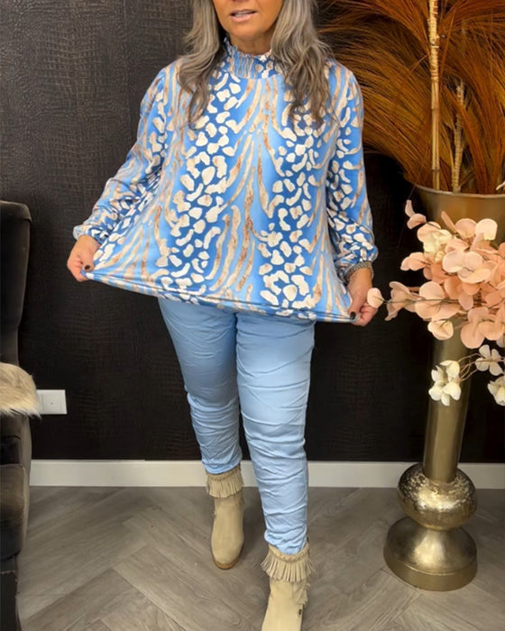 Top met lange mouwen, opstaande kraag en print