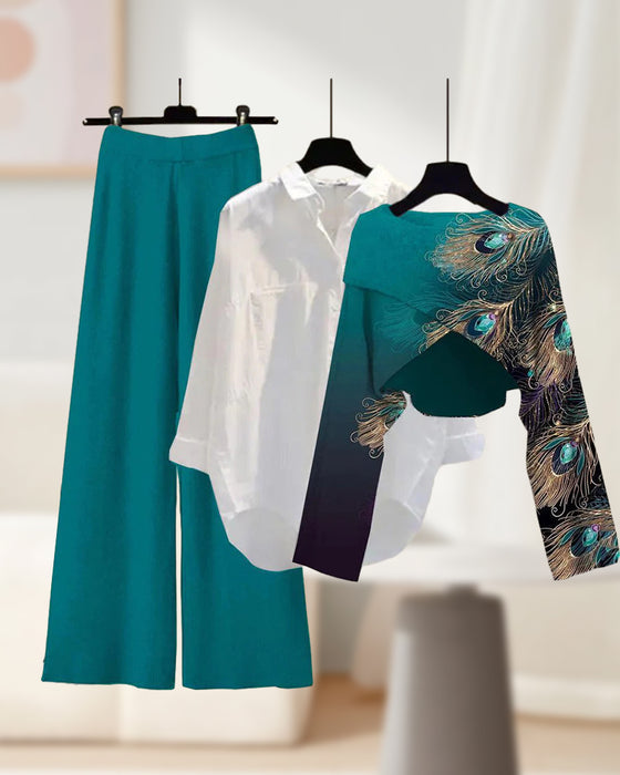 Casual driedelige set met verenprint